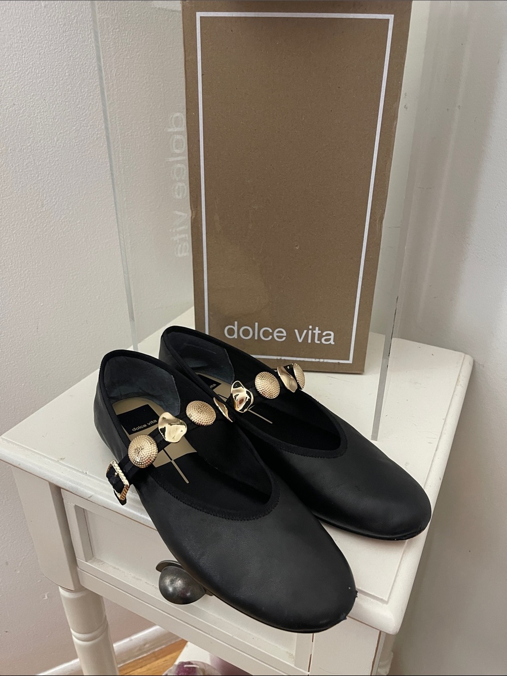 Dolce Vita Black Mary Jane Flats with Gold Medallion Accents